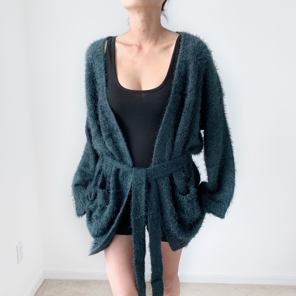 GREEN BRUSHED SELF TIE SWEATER CARDIGAN - Picture 4 of 8